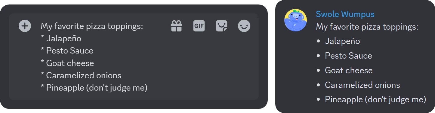 Example of the bullet list formatting in Discord