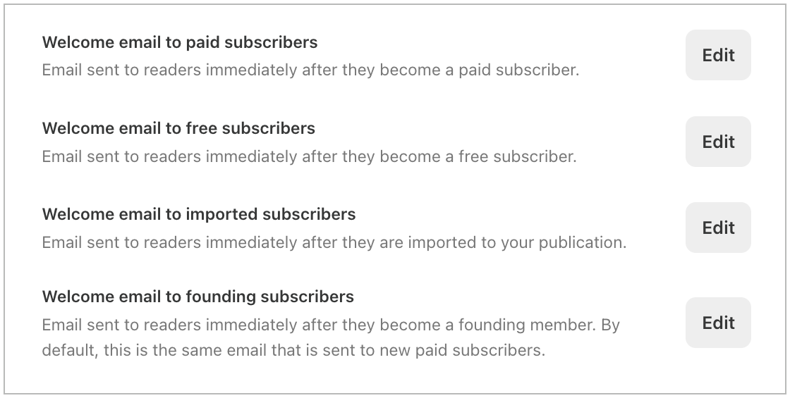 Substack Welcome Email Series Options Screenshot