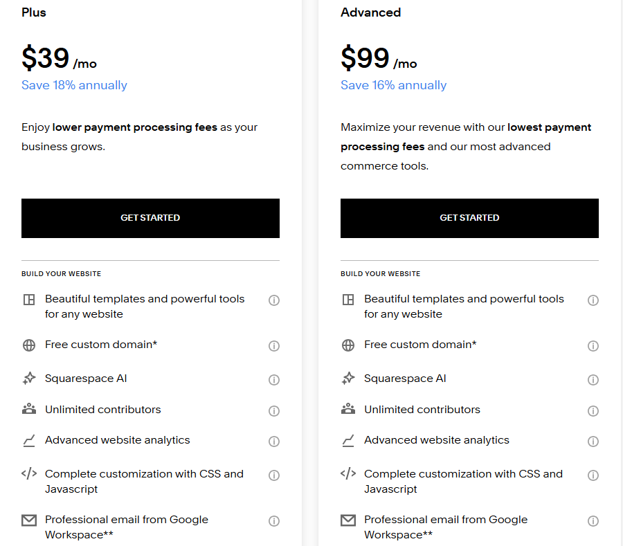 Squarespace Plus and Advanced price plans