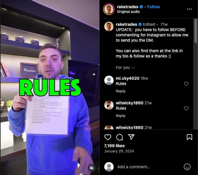 screenshot raketrades instagram
